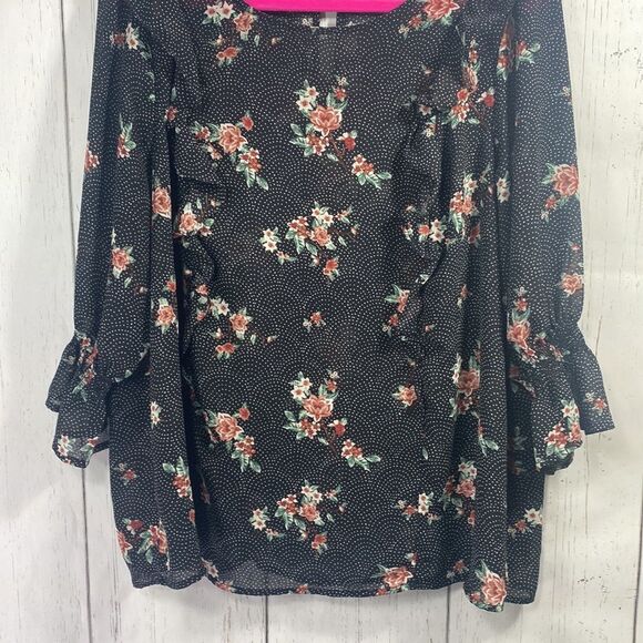 Torrid Floral Dot Print Chiffon Ruffled Smocked Bell Sleeve Top Blouse - Picture 11 of 14